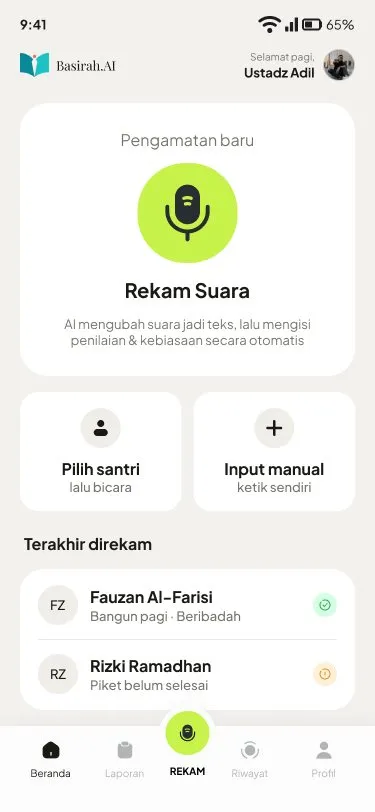 Tampilan basirah.AI · Penilaian Karakter